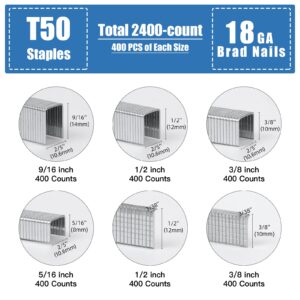 SITLDY Heavy Duty T50 Staples and 18GA Brad Nails, 2400-Count 6 Sizes Includes: 5/16", 3/8", 1/2", 9/16" T50 Staples and 3/8", 1/2" Brad Nails Assorted, Galvanized