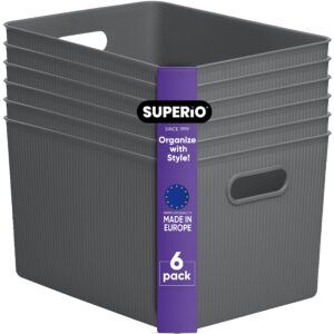 superio ribbed collection - decorative plastic open home storage bins organizer baskets, x-large grey (6 pack) container boxes for organizing closet shelves drawer shelf 22 liter/23 quart