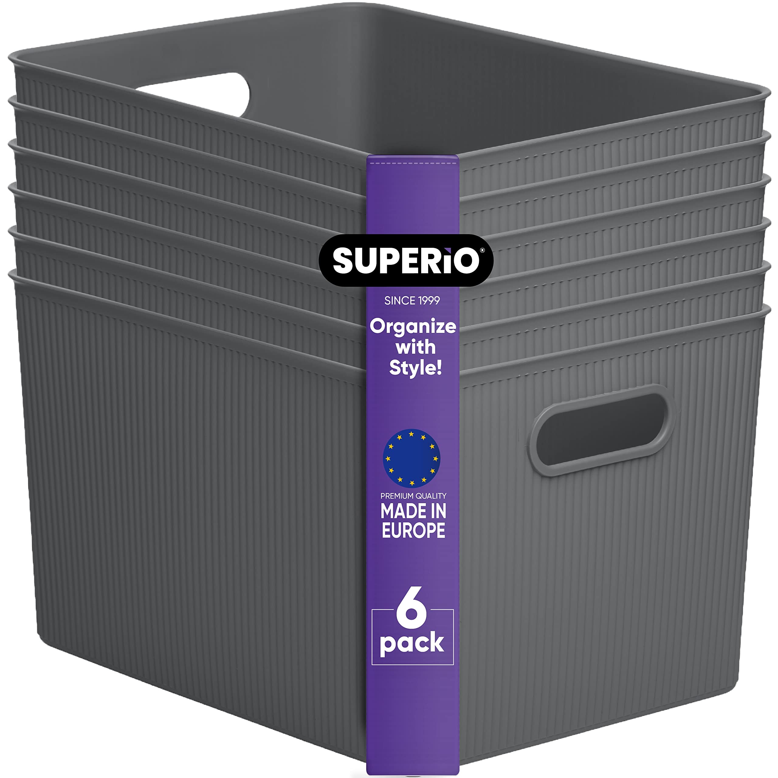 Superio Ribbed Collection - Decorative Plastic Open Home Storage Bins Organizer Baskets, X-Large Grey (6 Pack) Container Boxes for Organizing Closet Shelves Drawer Shelf 22 Liter/23 Quart