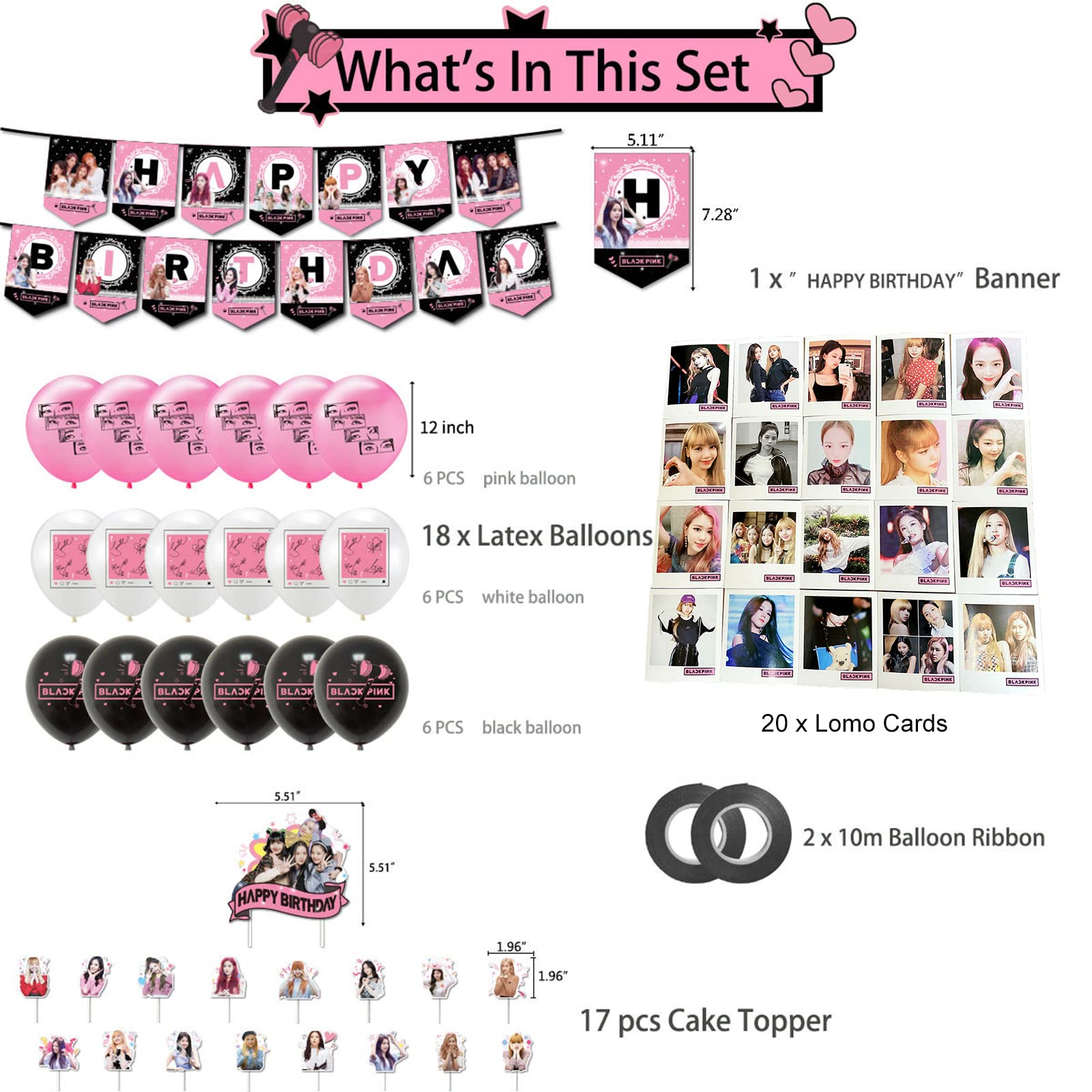 Tuyust Blackpink Party Supplies for Fans Birthday Party Decorations - 1 Blackpink Party Banner 18 Blackpink Party Balloons 17 Blackpink Cake Toppers 20 Blackpink Lomo Card 2 Ribbon