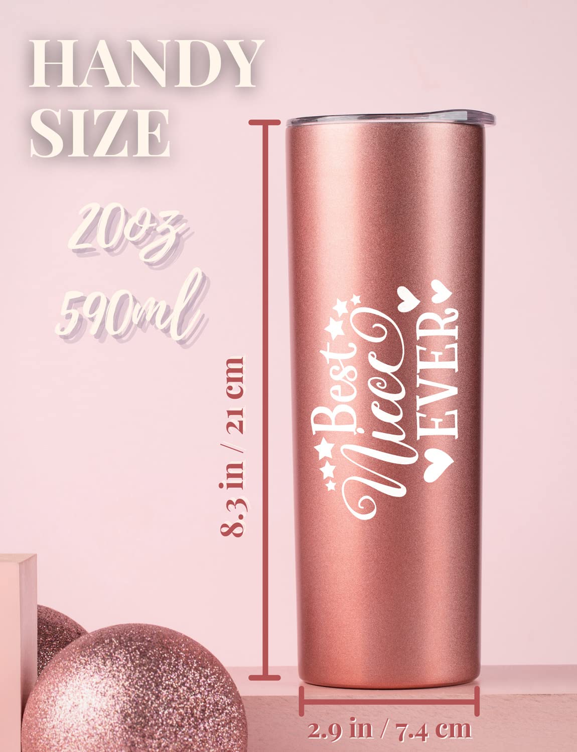 Onebttl Niece Gifts from Aunt, Best Niece Ever Birthday Gifts, Insulated Stainless Steel Wine Tumbler with Lid and Straw, from Uncle, Perfect for Birthday, Christmas, Rose Gold - 20oz/590ml