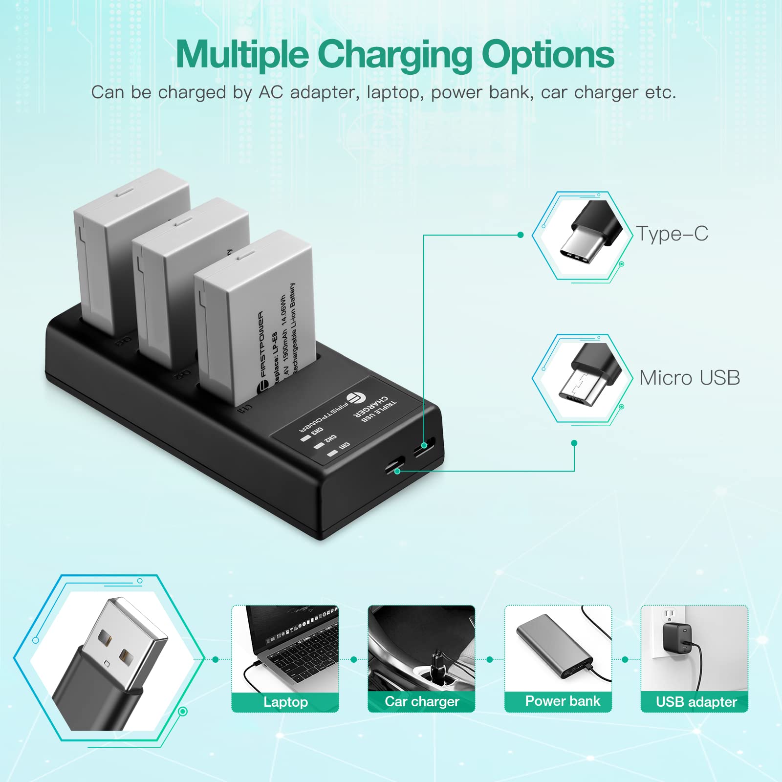 FirstPower LP-E8 Battery 3-Pack and Triple Slot Charger Compatible with Canon EOS Rebel T2i, T3i, T4i, T5i, 550D, 600D, 650D, 700D, Kiss X4, Kiss X5, Kiss X6 Digital Cameras