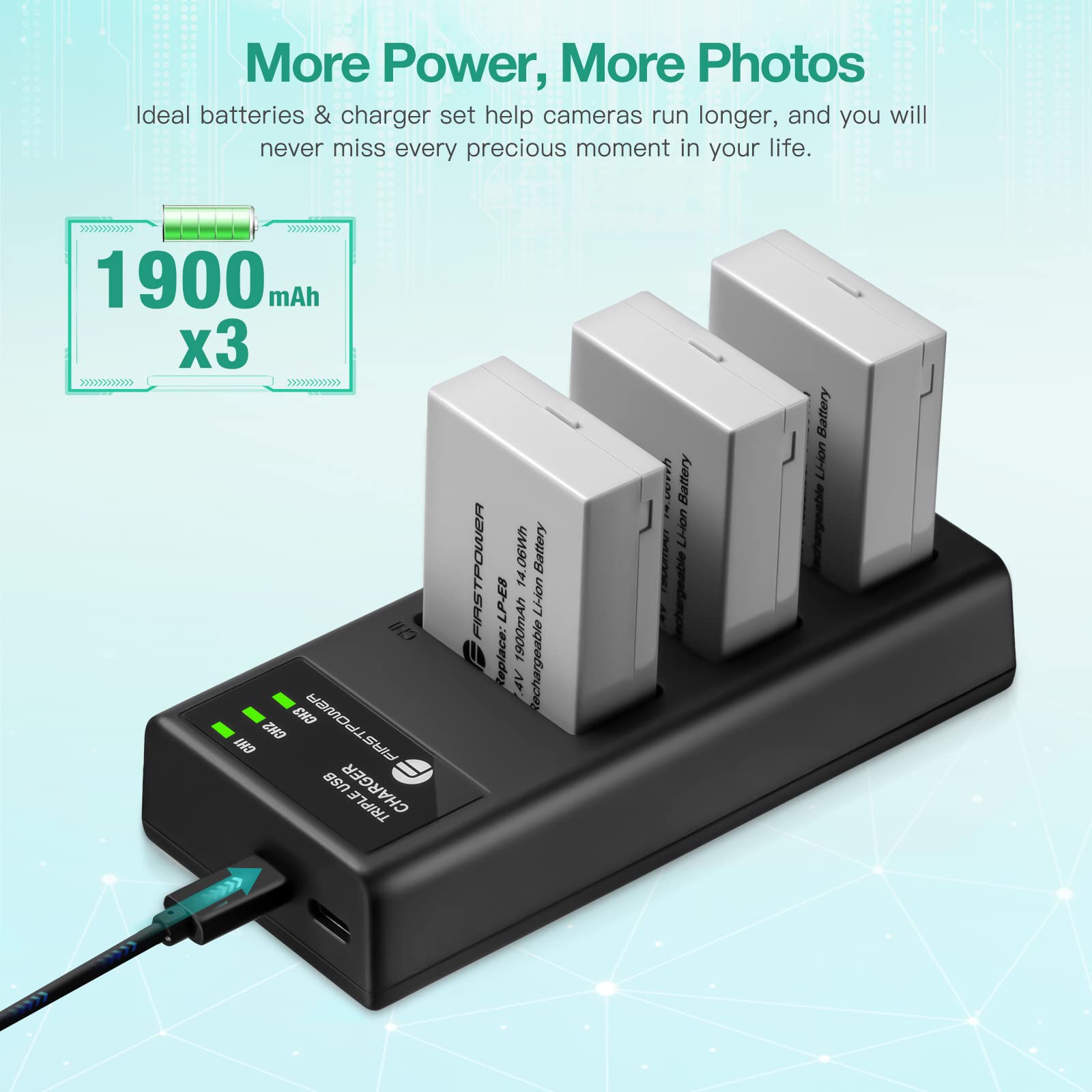 FirstPower LP-E8 Battery 3-Pack and Triple Slot Charger Compatible with Canon EOS Rebel T2i, T3i, T4i, T5i, 550D, 600D, 650D, 700D, Kiss X4, Kiss X5, Kiss X6 Digital Cameras