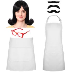 chuangdi 7 pcs halloween costume set include short flip wigs black wig, red eyeglasses, white half apron, white apron and 3 pcs black fake mustaches for cosplay