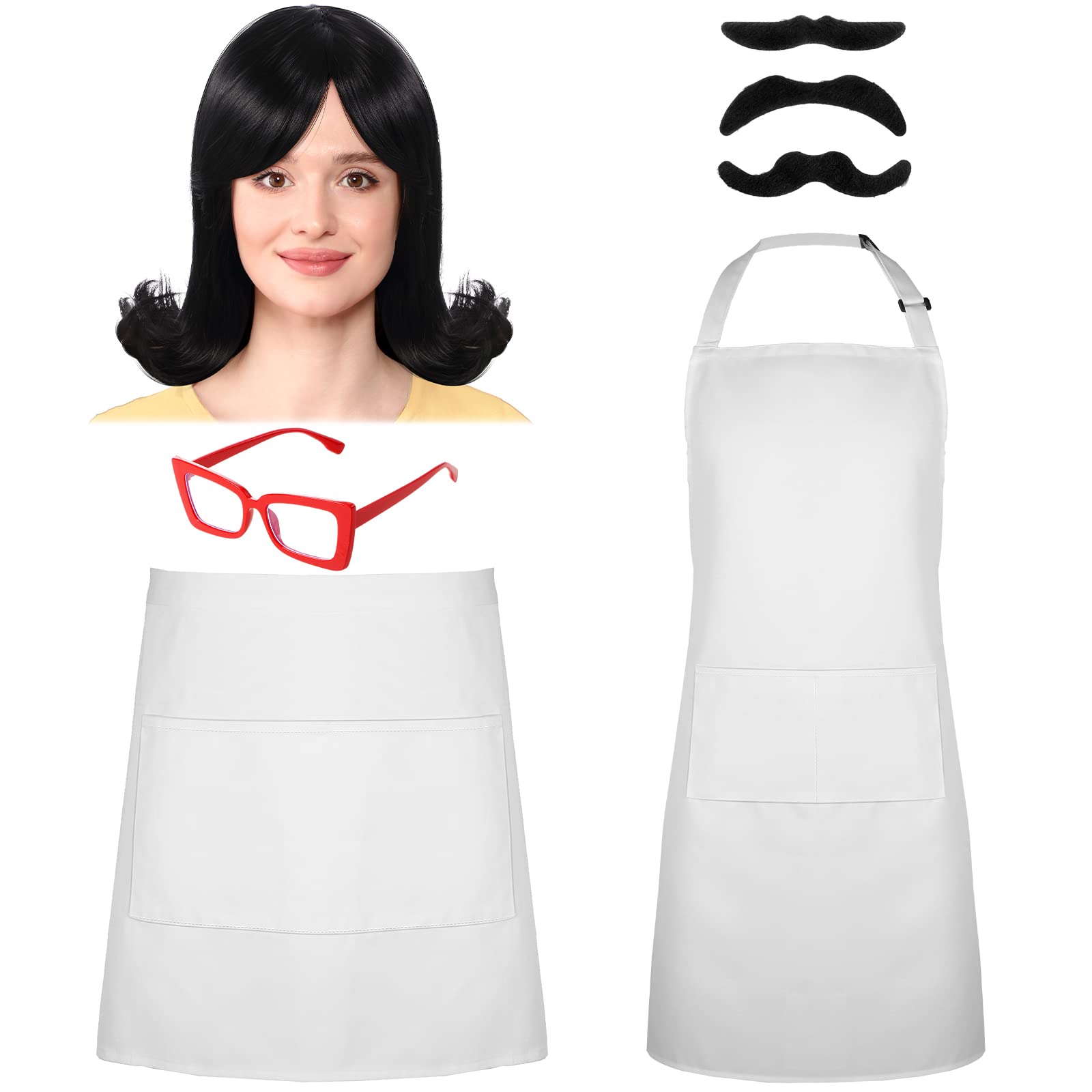 Chuangdi 7 Pcs Halloween Costume Set Include Short Flip Wigs Black Wig, Red Eyeglasses, White Half Apron, White Apron and 3 Pcs Black Fake Mustaches for Cosplay