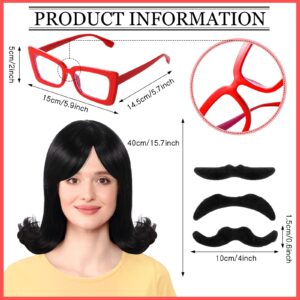 Chuangdi 7 Pcs Halloween Costume Set Include Short Flip Wigs Black Wig, Red Eyeglasses, White Half Apron, White Apron and 3 Pcs Black Fake Mustaches for Cosplay