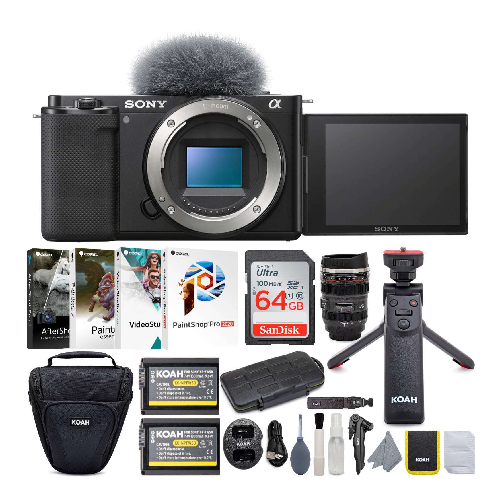 Sony Alpha ZV-E10 APS-C Interchangeable Lens Mirrorless Vlog Camera Body (Black) Content Creator's Bundle (8 Items)