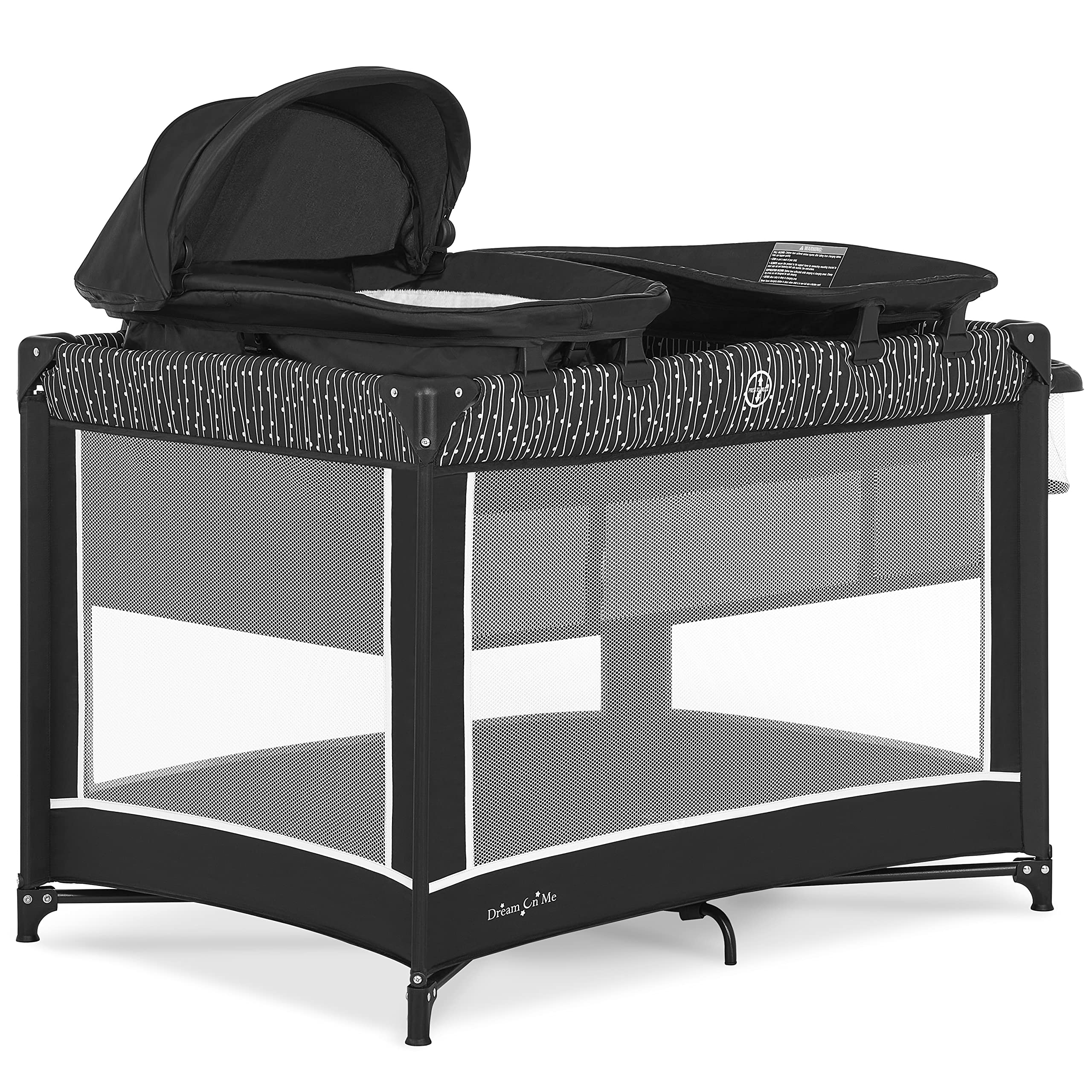 Dream On Me Lilly Deluxe-Playard in Black & White with Full Bassinet, Changing Tray and Infant Bassinet | with Canopy | Waterproof Fabric | JPMA Certified | Lightweight