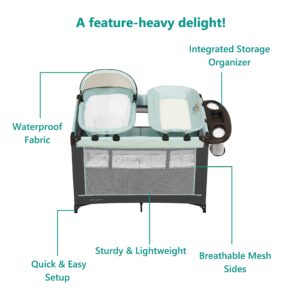 Dream On Me Lilly Deluxe-Playard in Green Bay with Full Bassinet, Changing Tray and Infant Bassinet | with Canopy | Waterproof Fabric | JPMA Certified | Lightweight