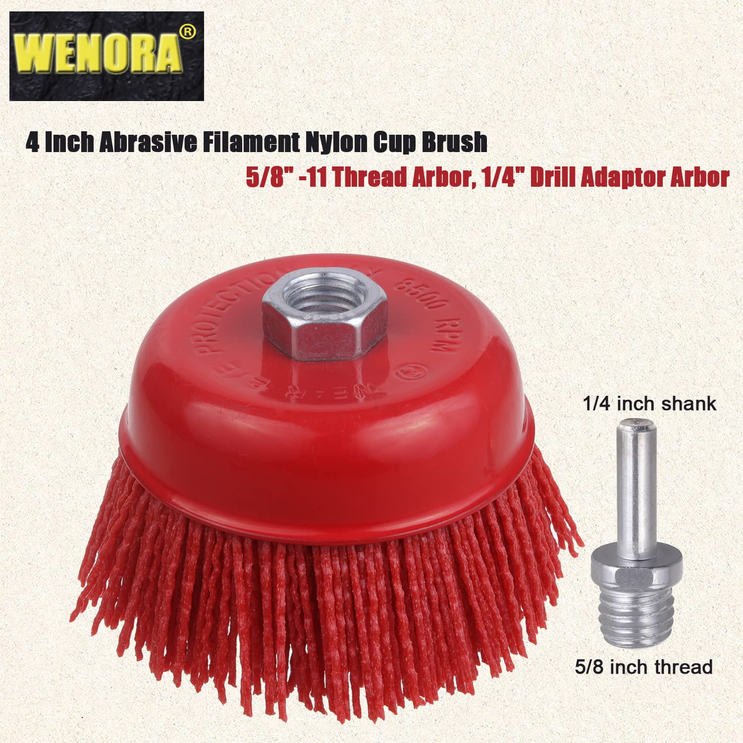 WENORA 4 Inch Nylon Cup Brush for Angle Grinder, Abrasive Filament Cup Brush, Nylon Wheel Brush for Grinder, 5/8" 11 Thread, 1/4" Drill Arbor