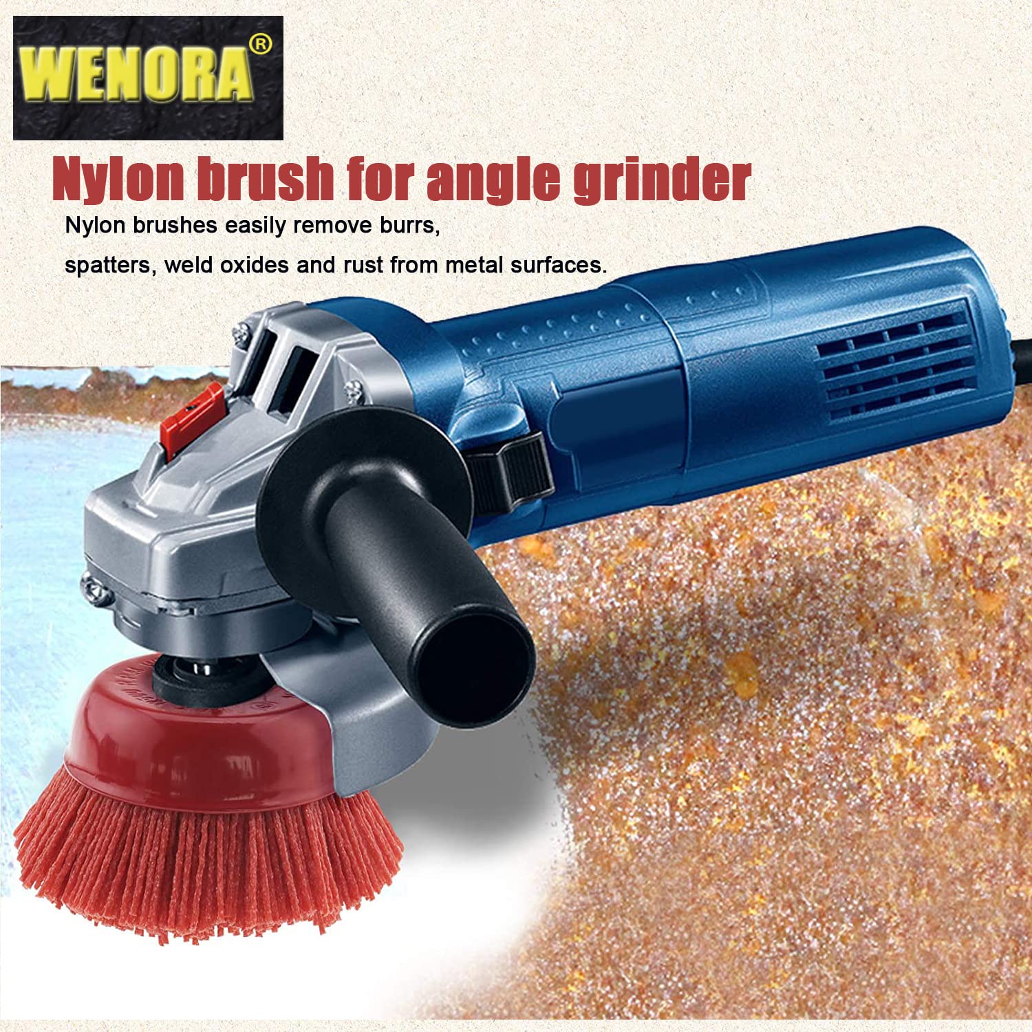 WENORA 4 Inch Nylon Cup Brush for Angle Grinder, Abrasive Filament Cup Brush, Nylon Wheel Brush for Grinder, 5/8" 11 Thread, 1/4" Drill Arbor