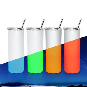 agh 20 oz sublimation tumblers glow in the dark, 4pcs luminous skinny straight tumbler blank, glow from white to green, blue, orange, red, with stainless straw and lid for coffee mug thermos