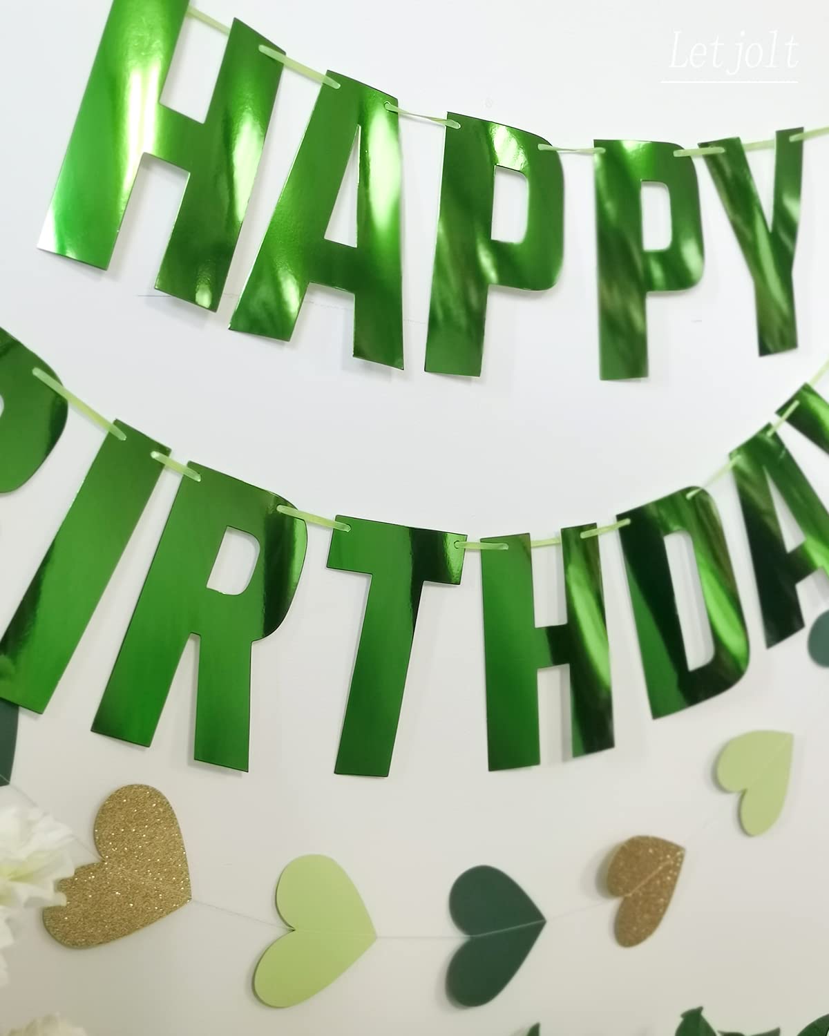 Glossy Green Happy Birthday Metallic Banner Greenery Theme Party Decoration Garland Supplies Signs for Funny New Years Birthday Nursery Hanging Décor 13pcs