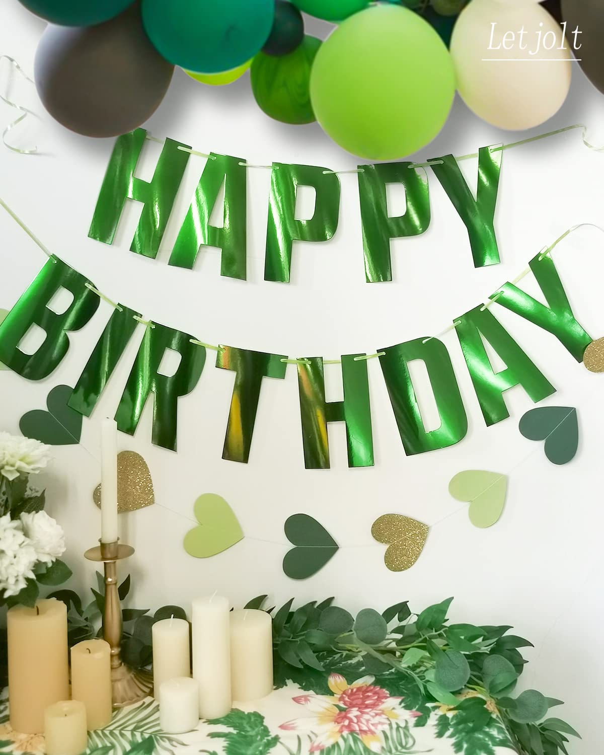 Glossy Green Happy Birthday Metallic Banner Greenery Theme Party Decoration Garland Supplies Signs for Funny New Years Birthday Nursery Hanging Décor 13pcs