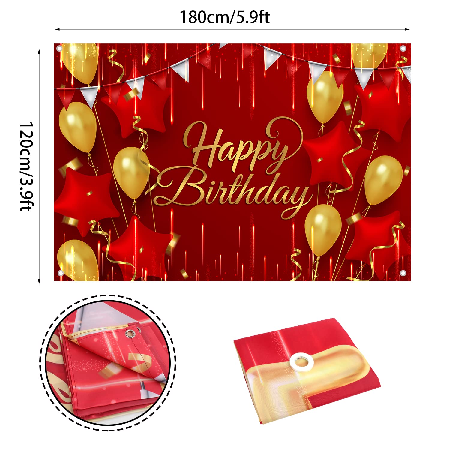 Red and Gold Birthday Backdrop Banner Decorations for Girls Boys Women Men Happy Bday Background Photography Party Decor Sign Supplies