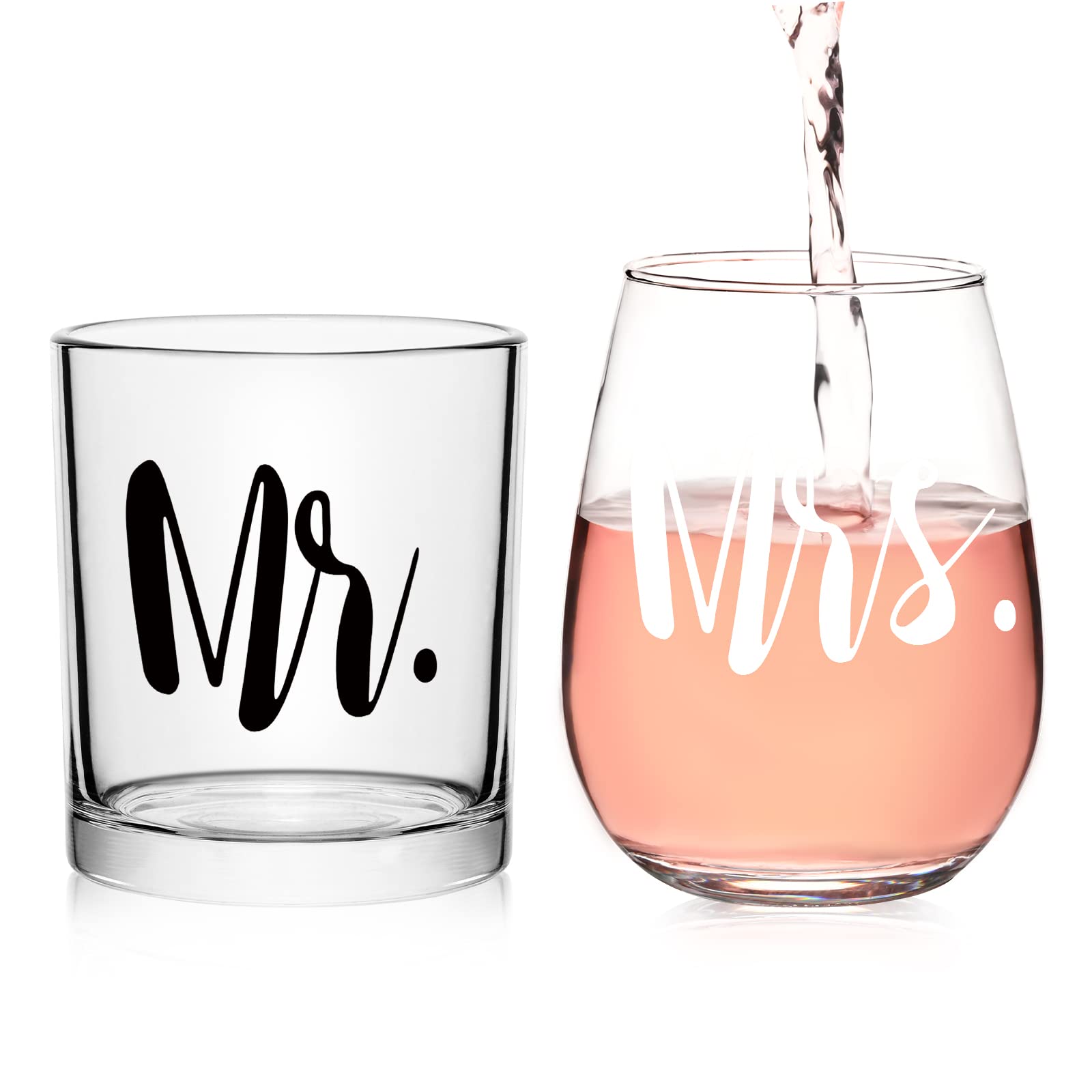 Futtumy Mr & Mrs Whiskey Glass and Stemless Wine Glass Gift Set, Valentine’s Day Gift for Mr Mrs Couple Husband Wife Bride Groom, Unique Glass Set Idea for Valentine’s Day Birthday Christmas Wedding