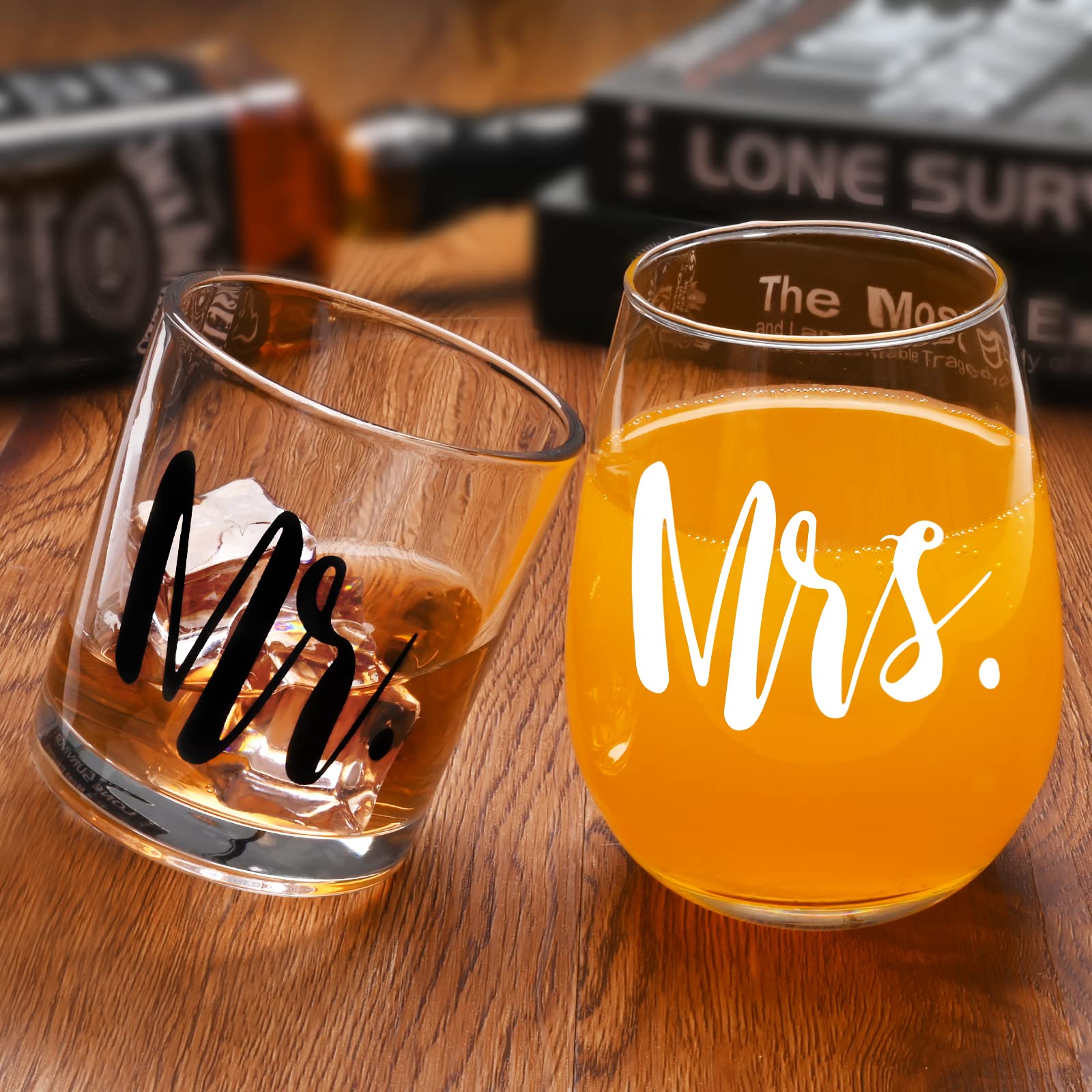 Futtumy Mr & Mrs Whiskey Glass and Stemless Wine Glass Gift Set, Valentine’s Day Gift for Mr Mrs Couple Husband Wife Bride Groom, Unique Glass Set Idea for Valentine’s Day Birthday Christmas Wedding