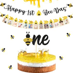 3 pcs happy 1st bee day party decorations, bumble honey bee 1st birthday baby photo banner and cake topper, bee decorations bee birthday party decorations bee cake decorations for boys girls newborn