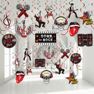 zonon 53 pieces rock and roll theme party decorations, guitar record sign rock star music party hanging swirls ceiling decor for 50's 60's rock music theme party favors supplies
