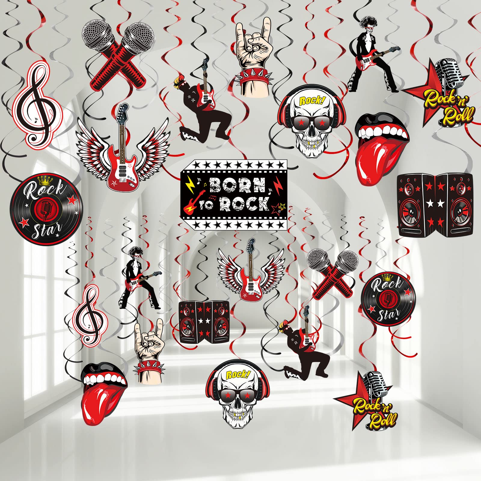 Zonon 53 Pieces Rock and Roll Theme Party Decorations, Guitar Record Sign Rock Star Music Party Hanging Swirls Ceiling Decor for 50's 60's Rock Music Theme Party Favors Supplies