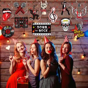 Zonon 53 Pieces Rock and Roll Theme Party Decorations, Guitar Record Sign Rock Star Music Party Hanging Swirls Ceiling Decor for 50's 60's Rock Music Theme Party Favors Supplies