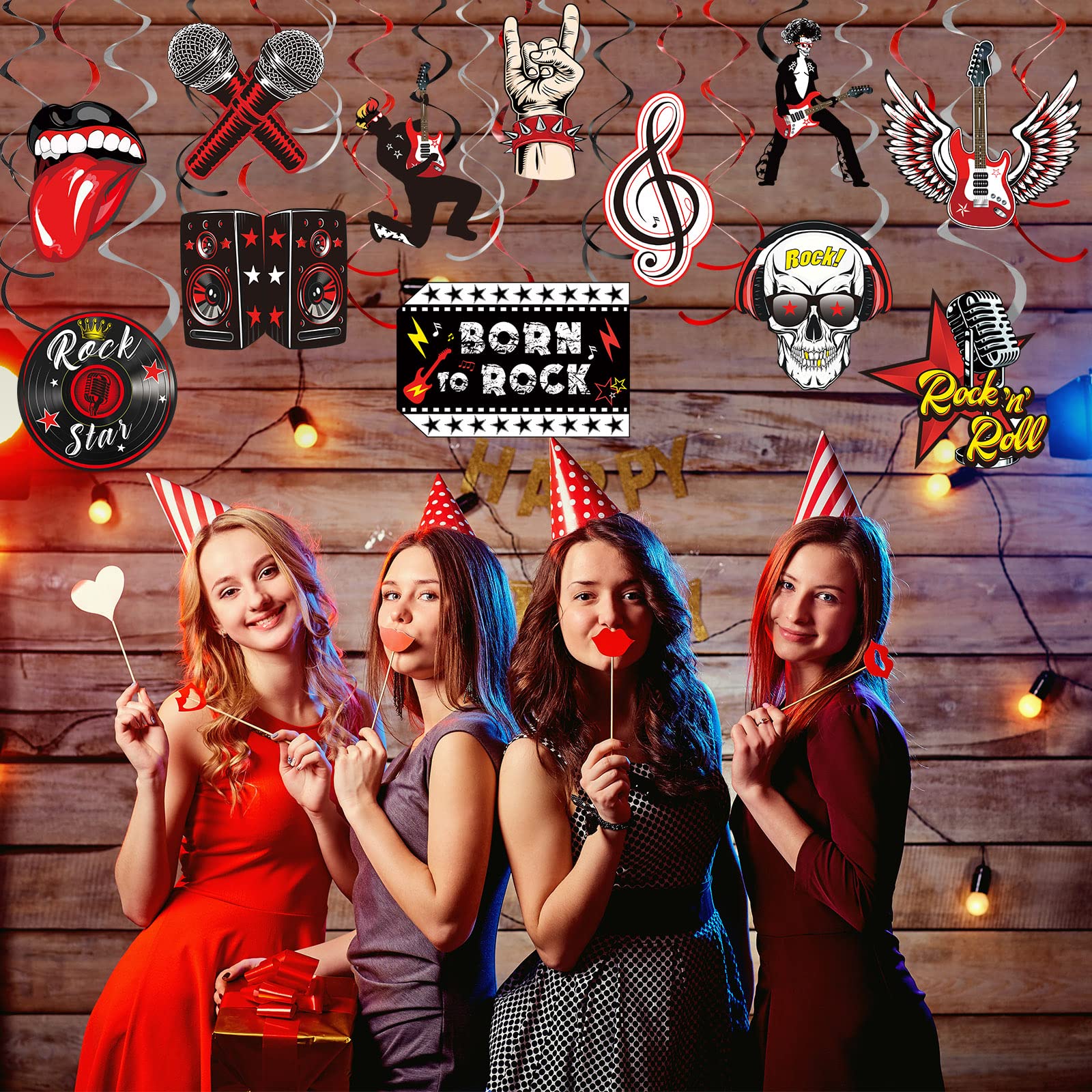 Zonon 53 Pieces Rock and Roll Theme Party Decorations, Guitar Record Sign Rock Star Music Party Hanging Swirls Ceiling Decor for 50's 60's Rock Music Theme Party Favors Supplies