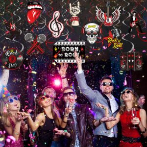 Zonon 53 Pieces Rock and Roll Theme Party Decorations, Guitar Record Sign Rock Star Music Party Hanging Swirls Ceiling Decor for 50's 60's Rock Music Theme Party Favors Supplies