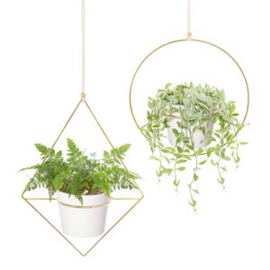 mkono macrame plant hanger indoor 35 inch hanging planter basket set of 2 and boho hanging planter metal plant hanger with plastic pots fits 6 inch planter set of 2