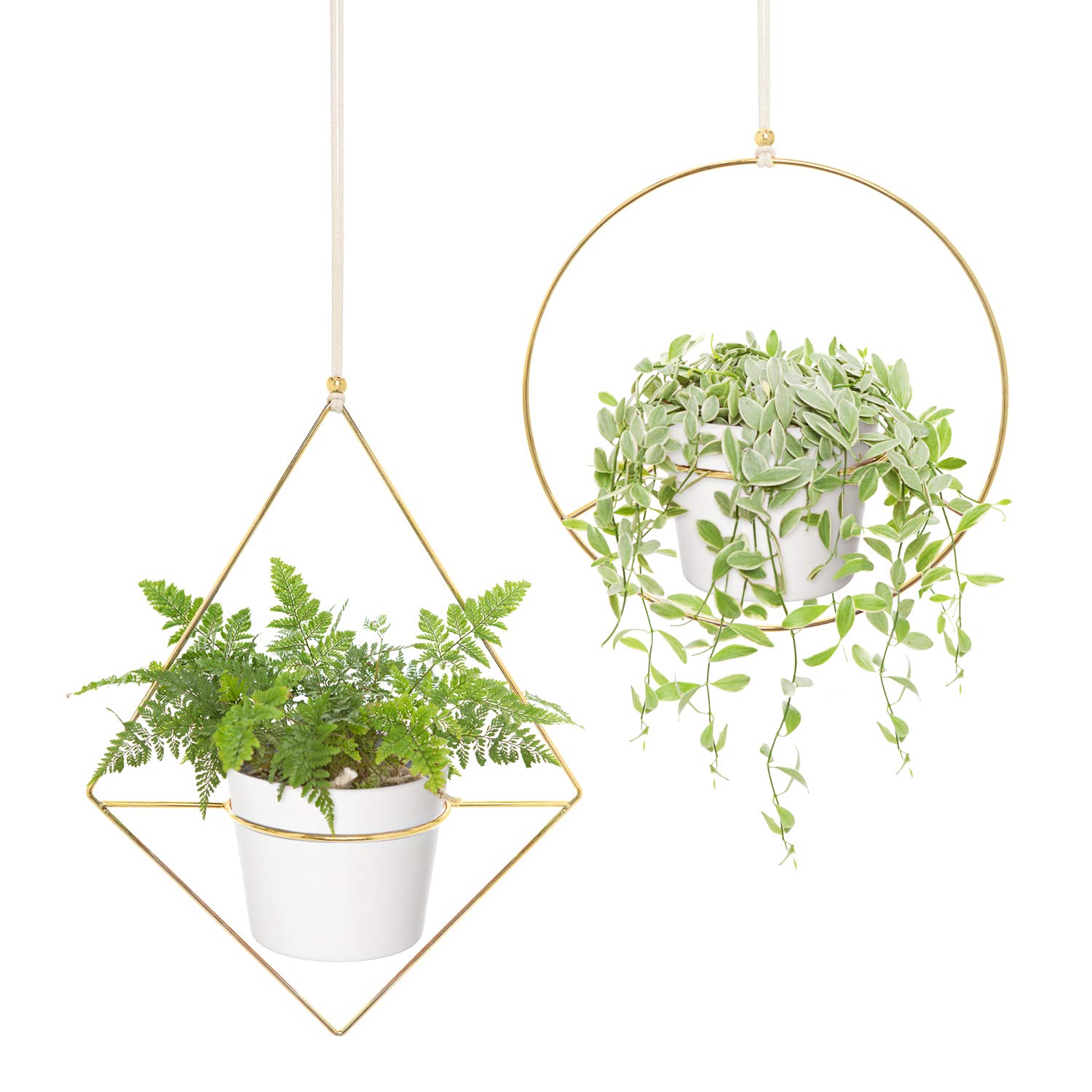 Mkono Macrame Plant Hanger Indoor 35 Inch Hanging Planter Basket Set of 2 and Boho Hanging Planter Metal Plant Hanger with Plastic Pots Fits 6 Inch Planter Set of 2