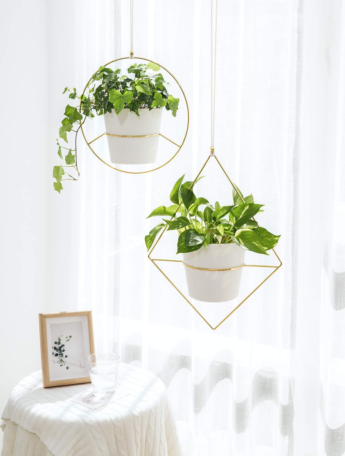 Mkono Macrame Plant Hanger Indoor 35 Inch Hanging Planter Basket Set of 2 and Boho Hanging Planter Metal Plant Hanger with Plastic Pots Fits 6 Inch Planter Set of 2