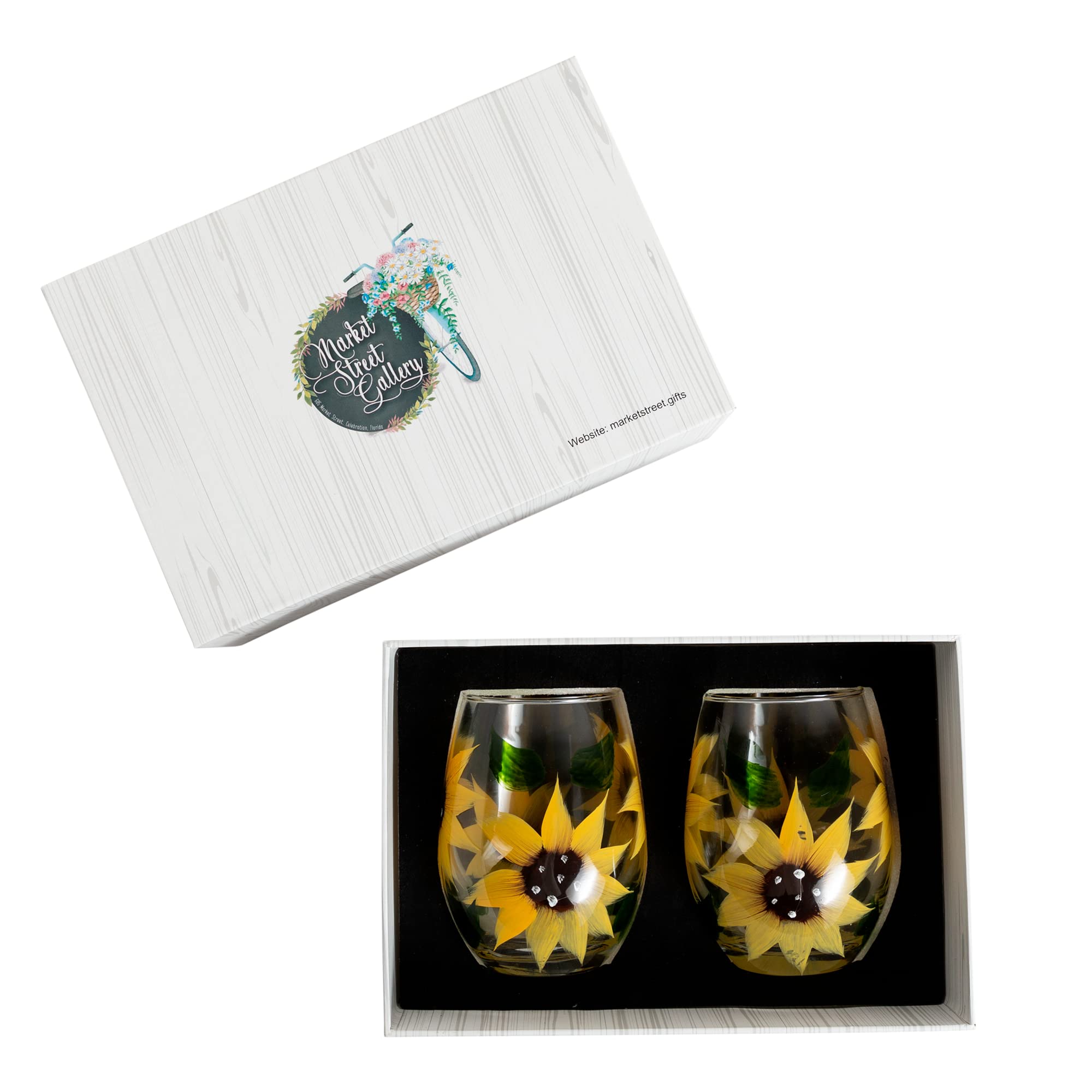 Market Street Gallery - Hand-Painted Sunflower Stemless Wine Glass Set - Premium Gift Box - Rustic Country Farmhouse Decor - Kitchen Gift, Set of 2