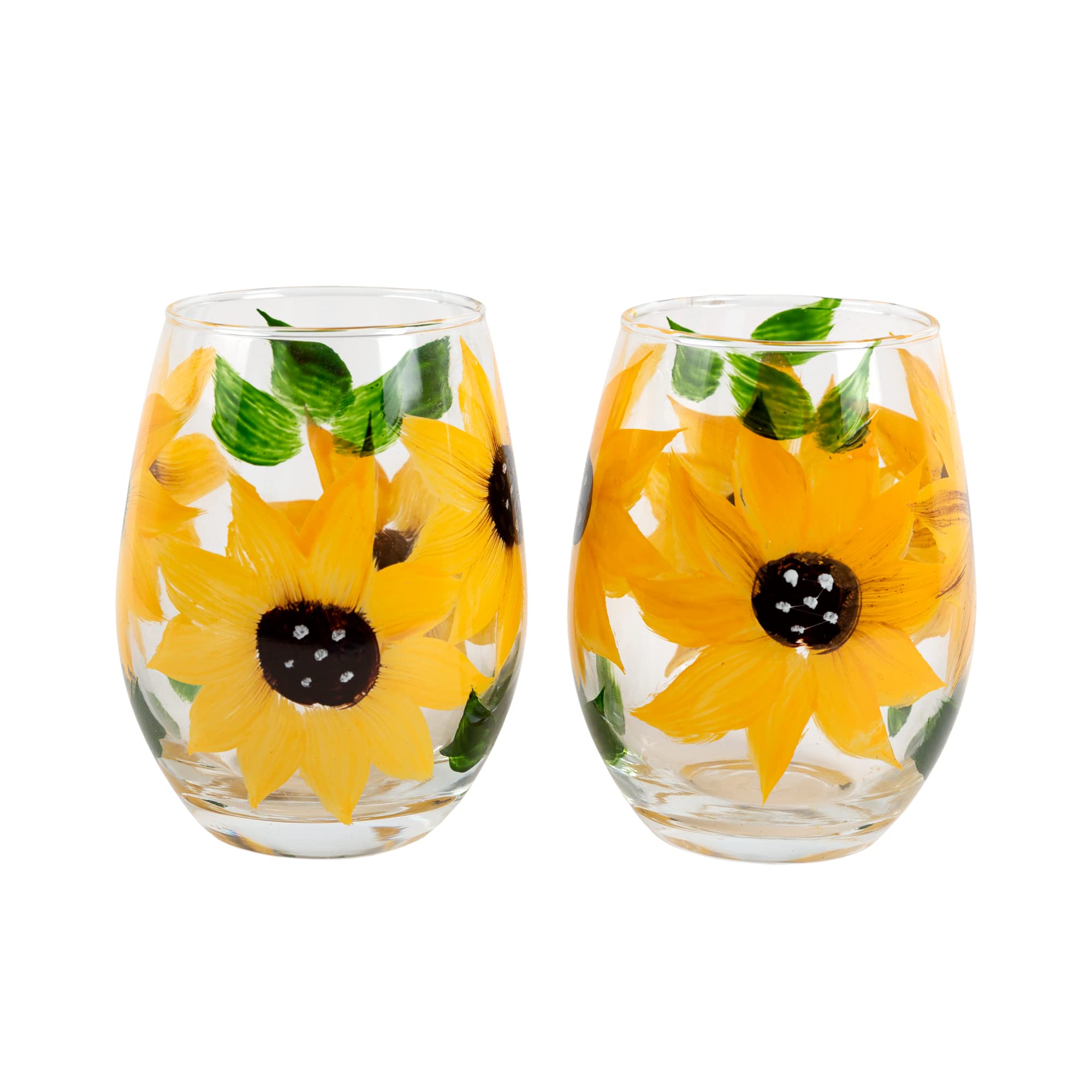 Market Street Gallery - Hand-Painted Sunflower Stemless Wine Glass Set - Premium Gift Box - Rustic Country Farmhouse Decor - Kitchen Gift, Set of 2