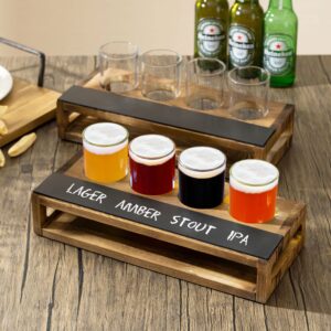 MyGift Rustic Dark Brown Burnt Solid Wood Sampler Tray Beer Flight Holder Serving Set with 4 Glasses and Erasable Chalkboard Label, Set of 2