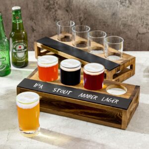 MyGift Rustic Dark Brown Burnt Solid Wood Sampler Tray Beer Flight Holder Serving Set with 4 Glasses and Erasable Chalkboard Label, Set of 2