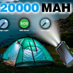 Solar Charger Power Bank 20000mAh, Portable Solar Pone Charger with Compass,Carabiner, Whistle,Flashlights,Solar Panel Charger,Camping Gear Accessory (Green)