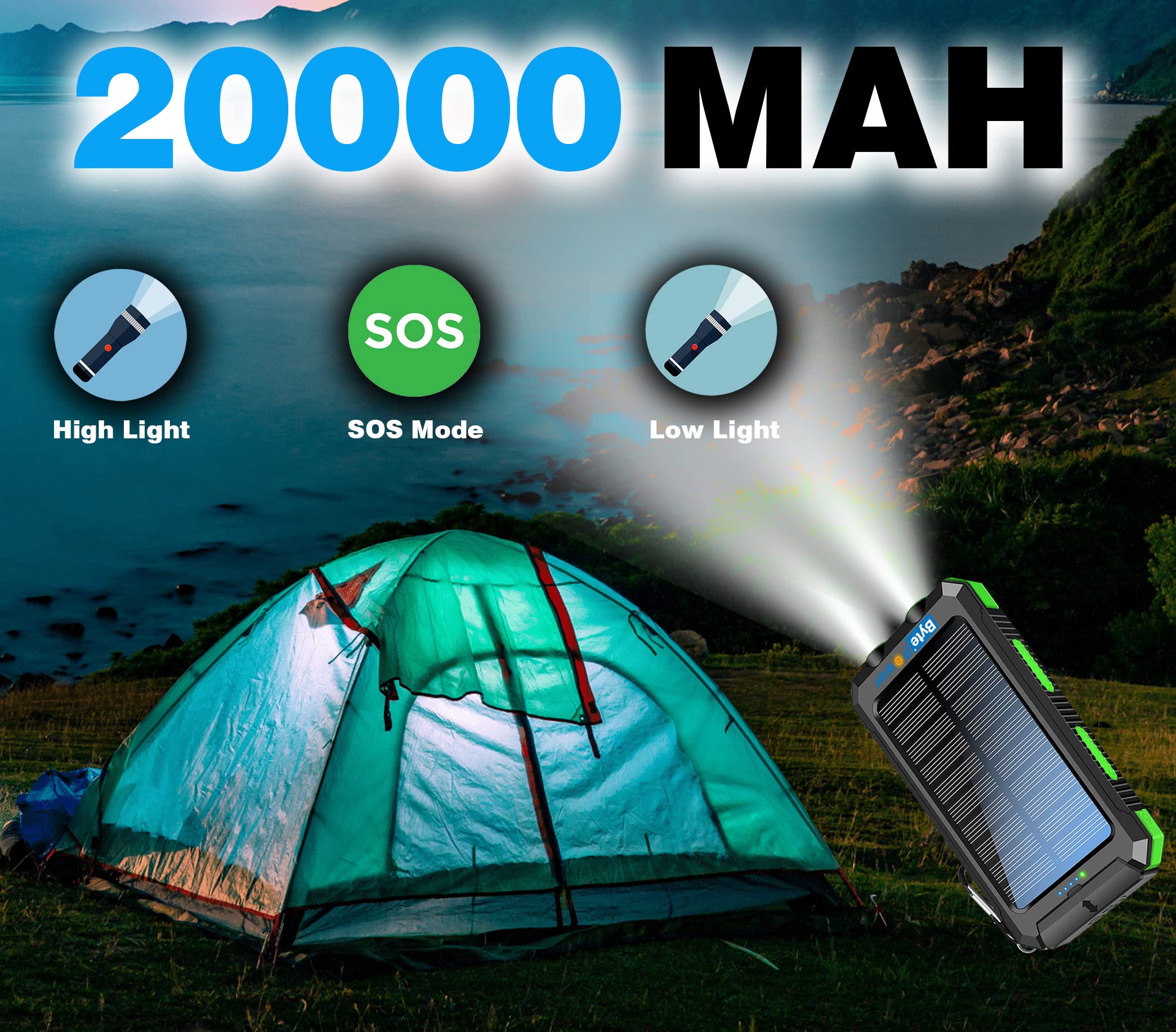 Solar Charger Power Bank 20000mAh, Portable Solar Pone Charger with Compass,Carabiner, Whistle,Flashlights,Solar Panel Charger,Camping Gear Accessory (Green)