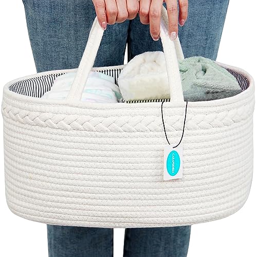 Casaphoria Woven Sundries Hamper Cotton Rope Basket Baskets for Storage,Storage Caddy,Cotton Basket,100% Cotton Car Organizer with Handle,Basket for Gift,Cream White(14.2"x8.5"x7.1")