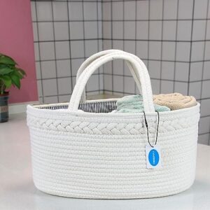 Casaphoria Woven Sundries Hamper Cotton Rope Basket Baskets for Storage,Storage Caddy,Cotton Basket,100% Cotton Car Organizer with Handle,Basket for Gift,Cream White(14.2"x8.5"x7.1")