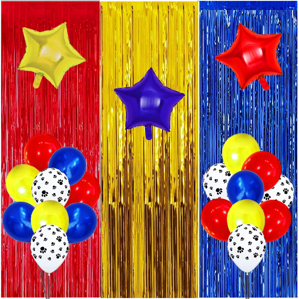 Paw Birthday Decorations, Paw Party Supplies Red Blue Gold Foil Fringe Curtain, Red Blue Yellow Balloons, Dog Paw Print Balloons for Kids Baby Shower Party Decorations