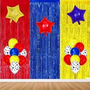 Paw Birthday Decorations, Paw Party Supplies Red Blue Gold Foil Fringe Curtain, Red Blue Yellow Balloons, Dog Paw Print Balloons for Kids Baby Shower Party Decorations