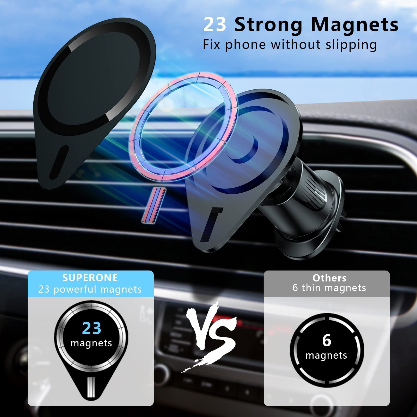 SUPERONE Mag Safe Car Mount Vent, Magnetic Car Holder for iPhone 15 14 13 12 Pro/Max/Plus/Mini, [Strong Magnet Strength] 360 Degrees Adjustable, Mag Safe Accessories