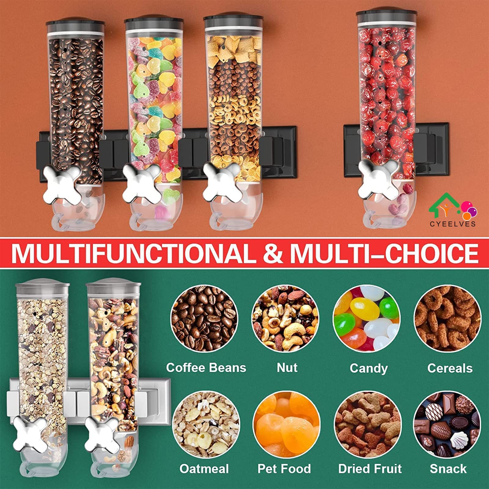 Cereal Dispenser Wall Mounted, Triple Dry Food Dispensers, Grain Dispenser Wall Mount Candy Dispenser, Snack Dispenser for Store Oatmeal Coffee Bean Nuts, Wall Kitchen Food Container with 3 Cups, 4.5L