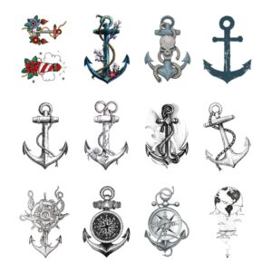 sanerlian anchor ship temporary tattoo sticker waterproof fake tatoo men women adult boys teens body art 10.5x6cm set of 12 (sf141)
