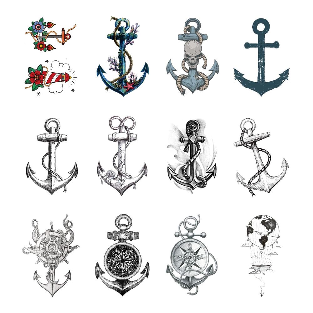 SanerLian Anchor Ship Temporary Tattoo Sticker Waterproof Fake Tatoo Men Women Adult Boys Teens Body Art 10.5X6cm Set of 12 (SF141)