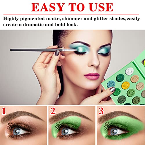 Green Eyeshadow Palette，QIUFSSE 15 Colors Eye Shadow Pallete Sets Highly Pigmented Matte Glitter Colorful Long Lasting Blendable Forest Emerald Green Yellow Makeup Pallet for Women Christmas Halloween