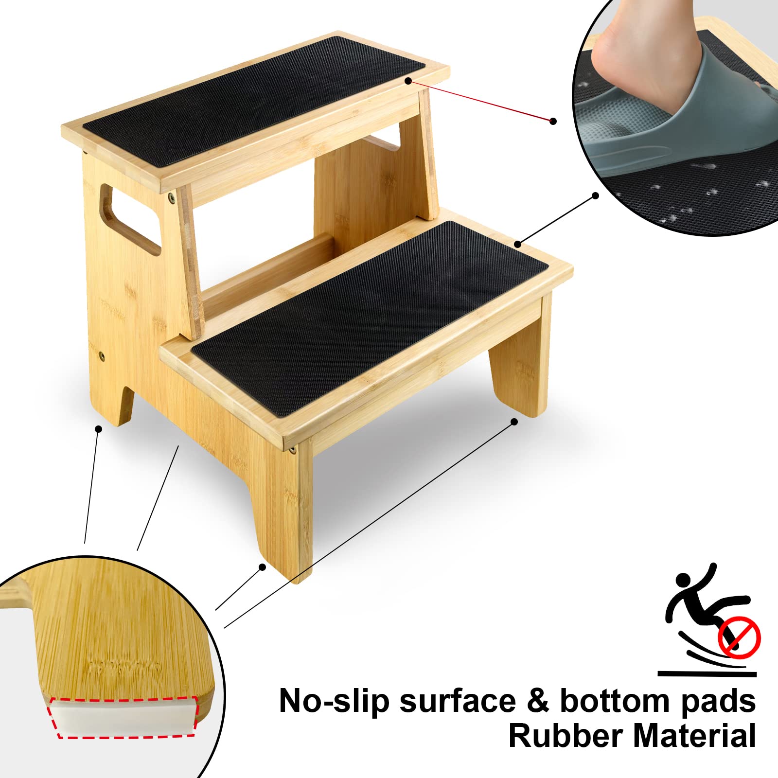 Kids Step Stools for Toddlers Bathroom Bamboo Wood Toddler Stepping Stool Kitchen Counter Sink Baby 2 Step Stool Foot Bed Stool for Adults Child Potty Training Toilet Stool, Natural with Pads