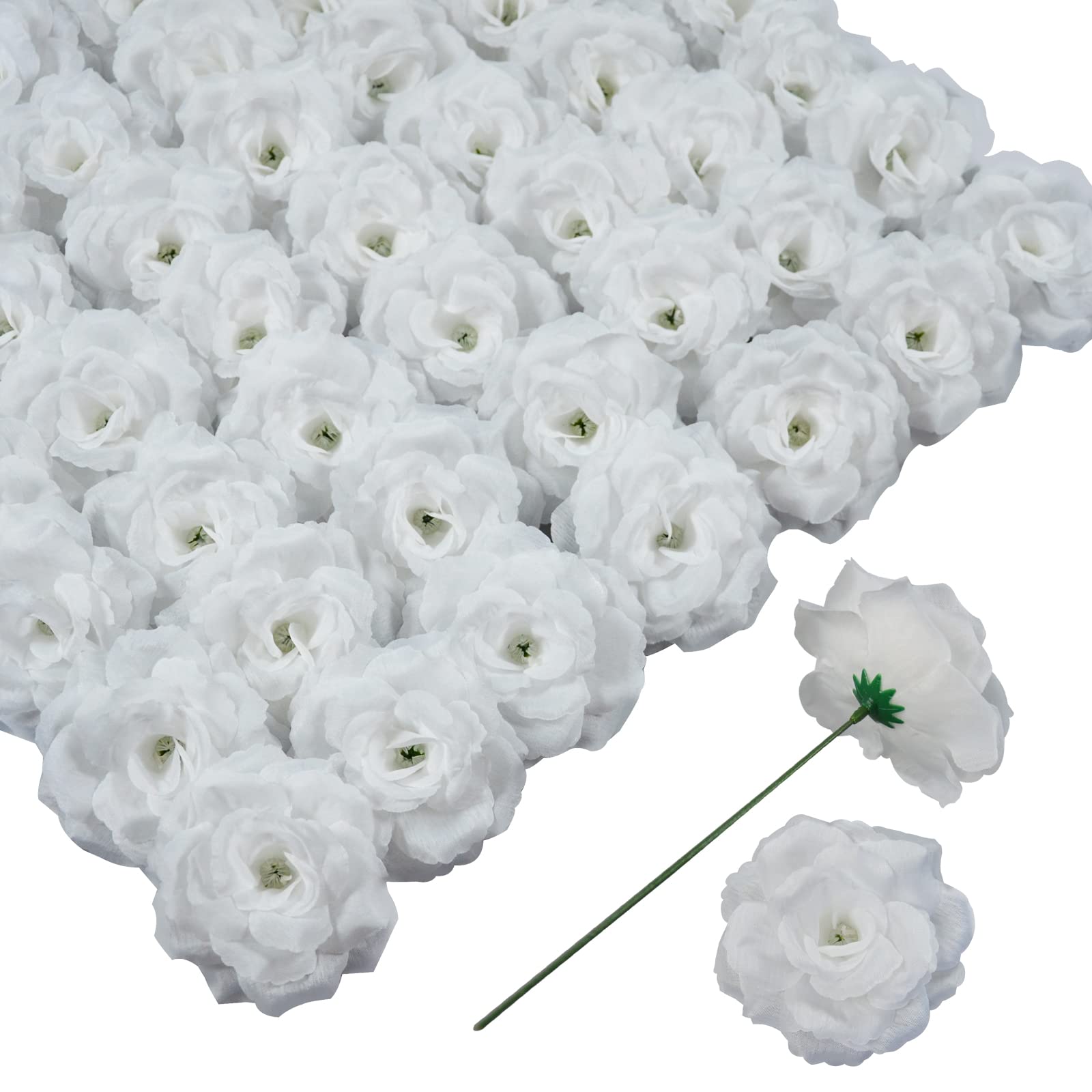 Eternal Blossom Rose Head Flowers with Stem, 50 White Artificial Flowers, Used for Wedding Decoration DIY Handmade Flowers Silk Fake Rose 3 Inches and 6 Inches Stem Valentines Day Decorations