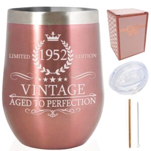 1952 72nd birthday presents for women/men |vintage aged to perfection insulated stainless steel tumbler/coffee cup/mug/wine glass w/lid & straw/funny anniversary ideas (12 oz, 1952 rose gold)