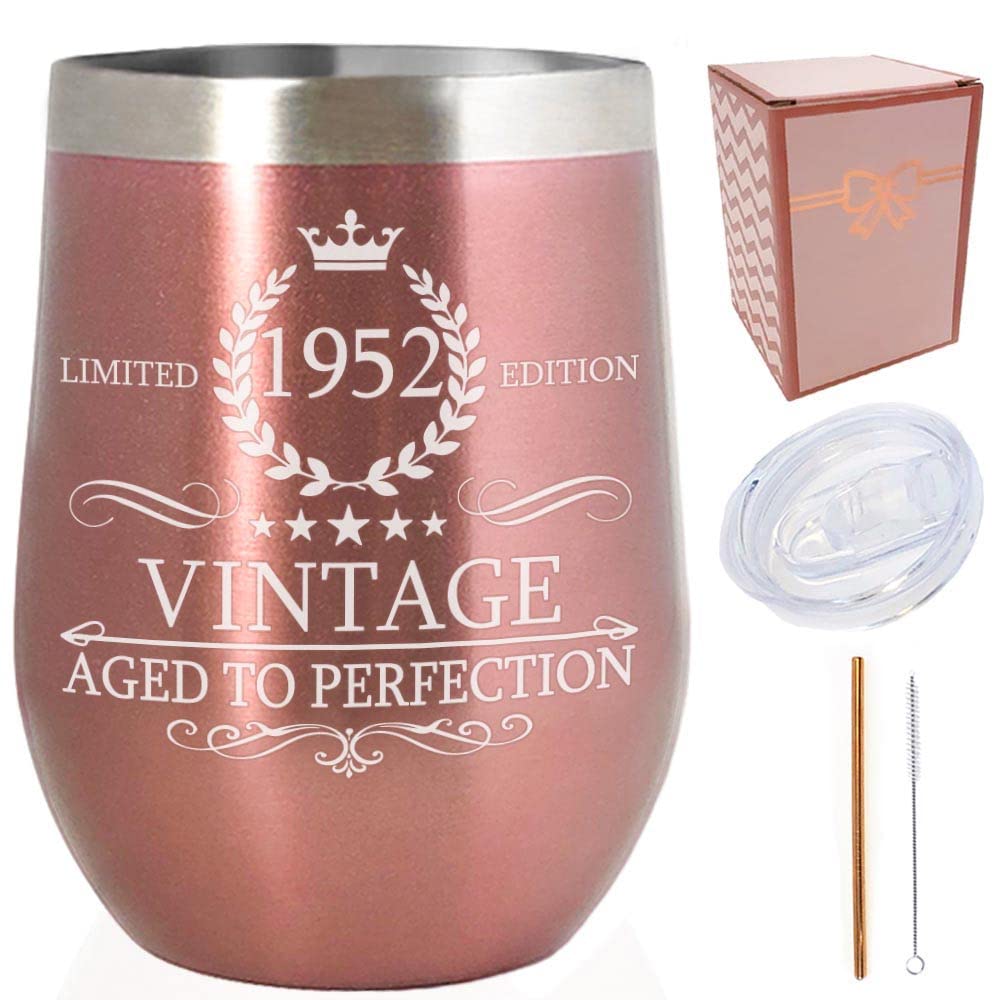 1952 72nd Birthday Presents for Women/Men |Vintage Aged to Perfection Insulated Stainless Steel Tumbler/Coffee Cup/Mug/Wine Glass w/Lid & Straw/Funny Anniversary Ideas (12 oz, 1952 Rose Gold)