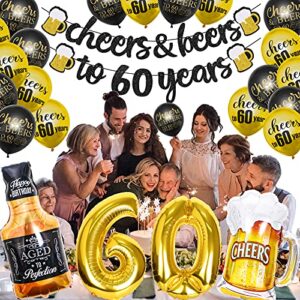 60th Birthday Decorations, 60 Years Anniversary Decorations Cheers to 60 Years Banner, 60 Sign Latex Balloon, 32 Inch Number 60 Gold Foil Balloon Cheers Cup Foil Balloon for 60 Birthday Wedding Party